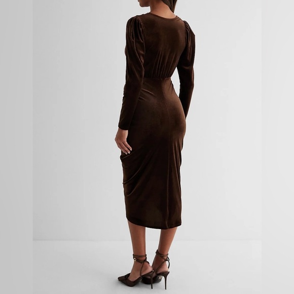 Express Velvet V-Neck Ruched Midi Sheath Dress - Picture 2 of 6